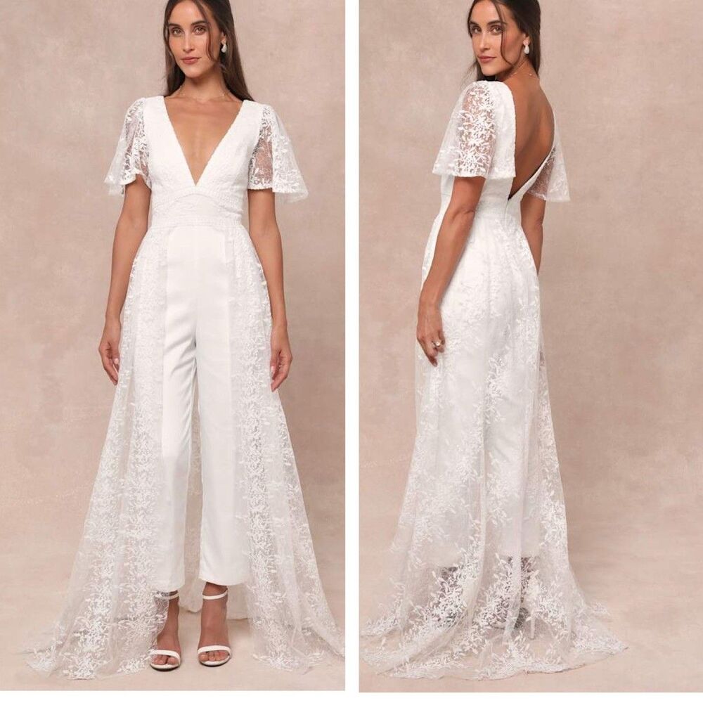 Lulu's White Lace Overlay Bridal Jumpsuit